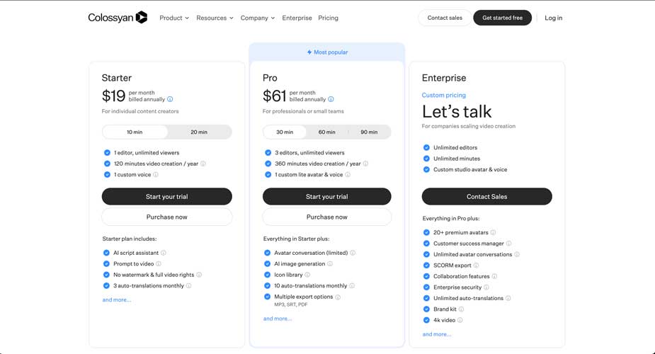 Colossyan AI video generator annual pricing plan