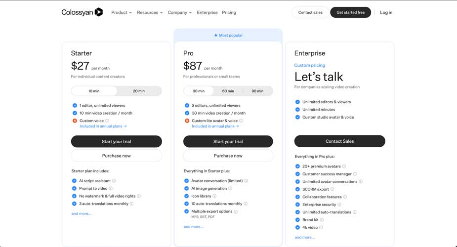 Colossyan AI video generator monthly pricing plan