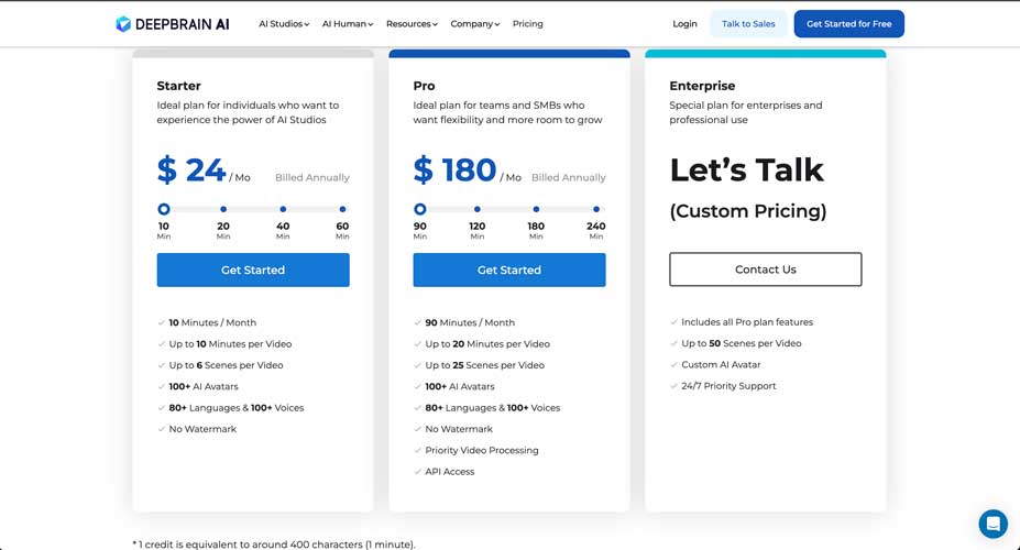 Deepbrain AI video generator annual pricing plan