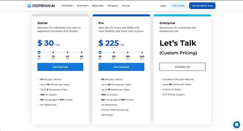 Deepbrain AI video generator monthly pricing plan