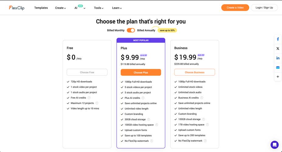 FlexClip AI video generator annual pricing plan