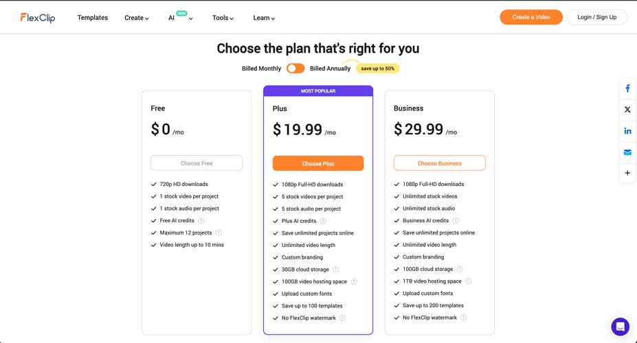 FlexClip AI video generator monthly pricing plan