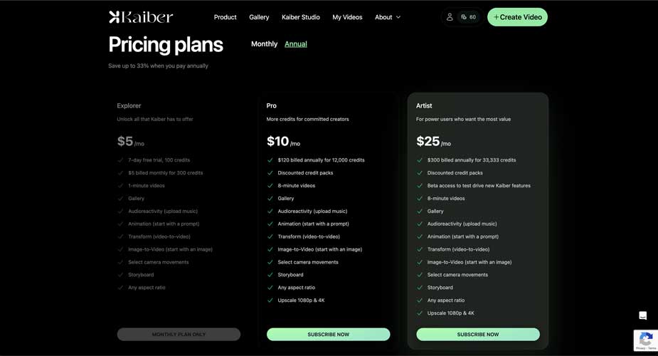 Kaiber AI video generator annual pricing plan
