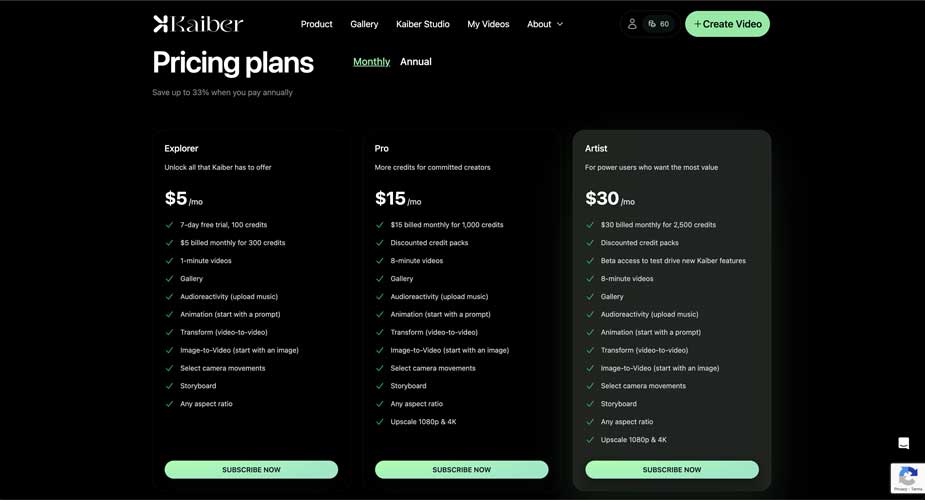 Kaiber AI video generator monthly pricing plan