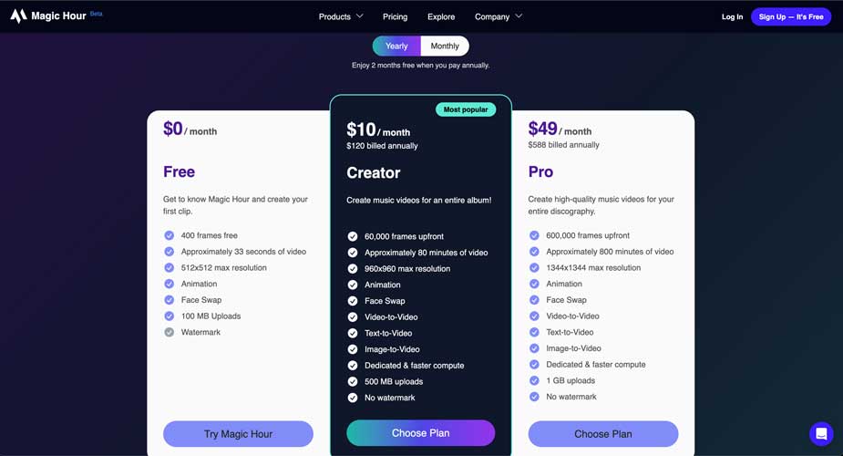 Magic Hour Ai video generator annual pricing plan