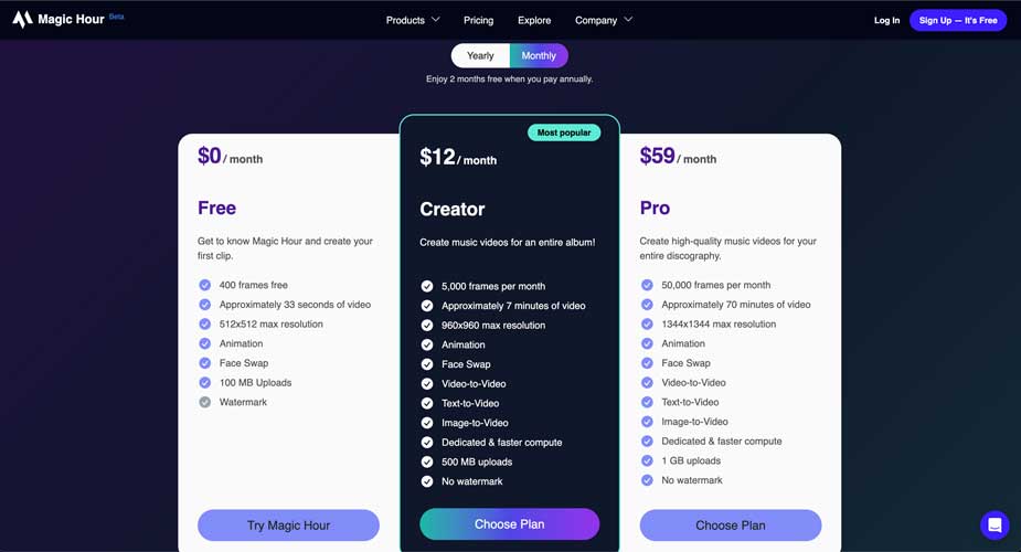 Magic Hour Ai video generator monthly pricing plan