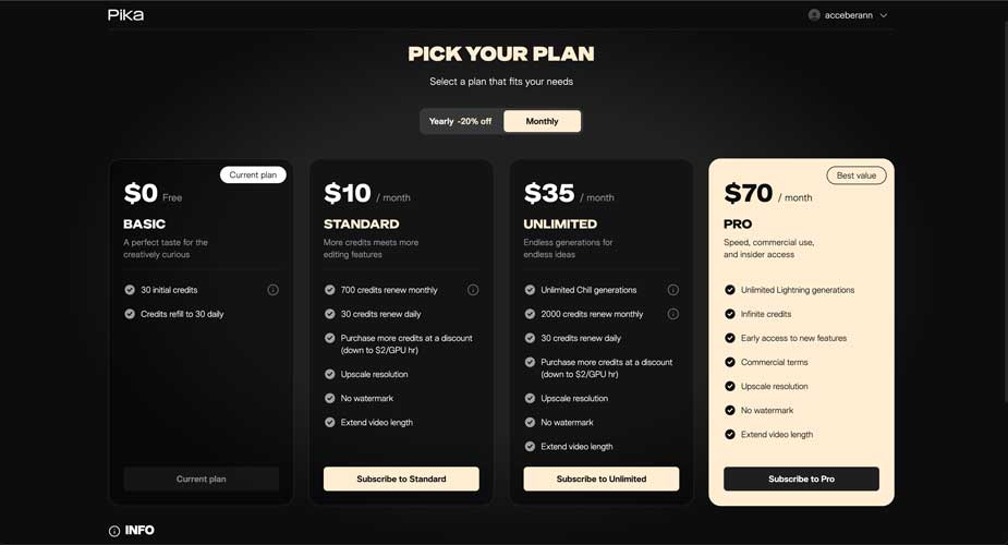 Pika AI video generator monthly pricing plan