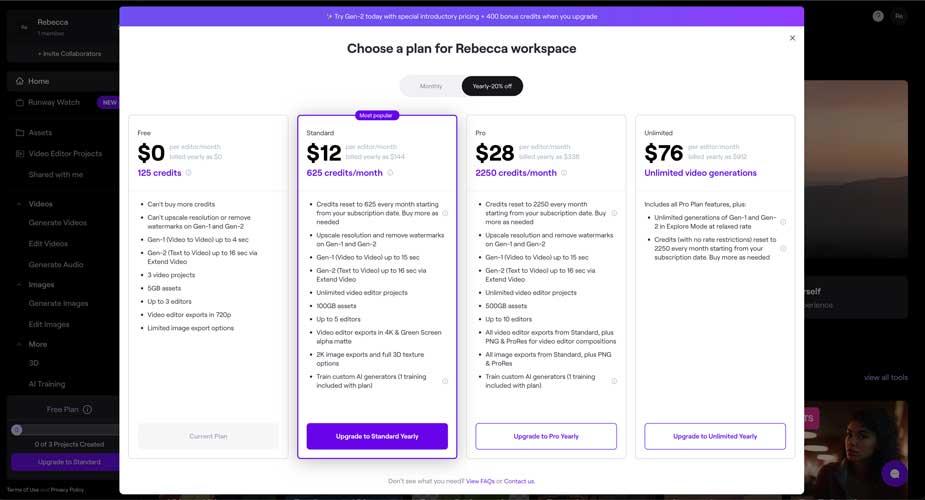 Runway AI video generator annual pricing plan