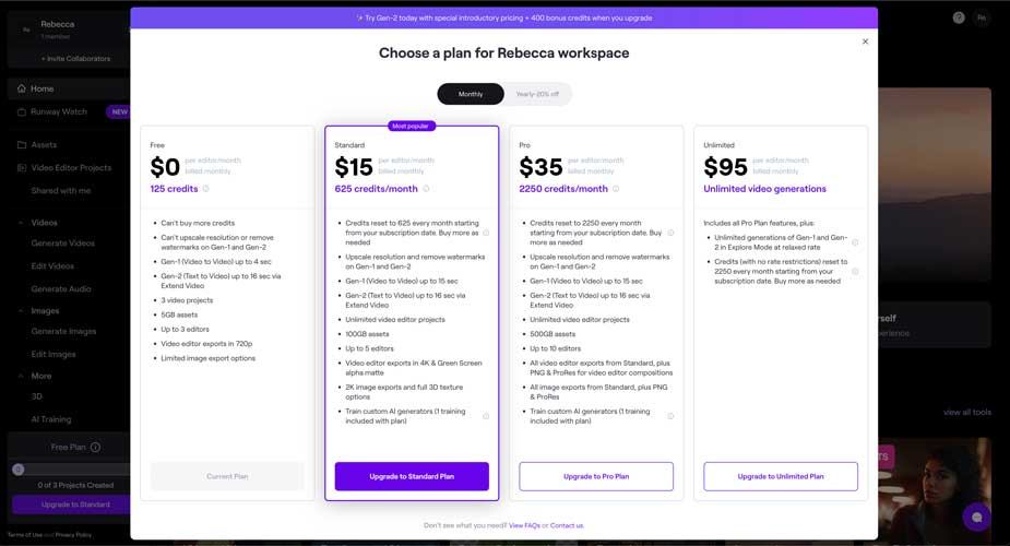 Runway AI video generator monthly pricing plan