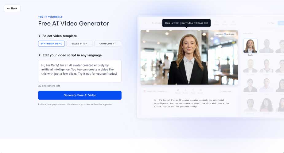 Synthesia AI video generator app demo