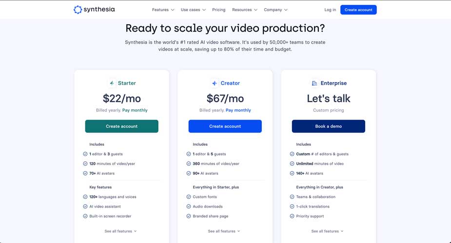 Synthesia AI video generator annual pricing plan
