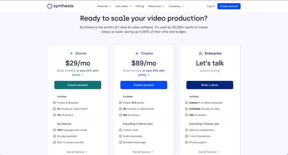 Synthesia AI video generator monthly pricing plan